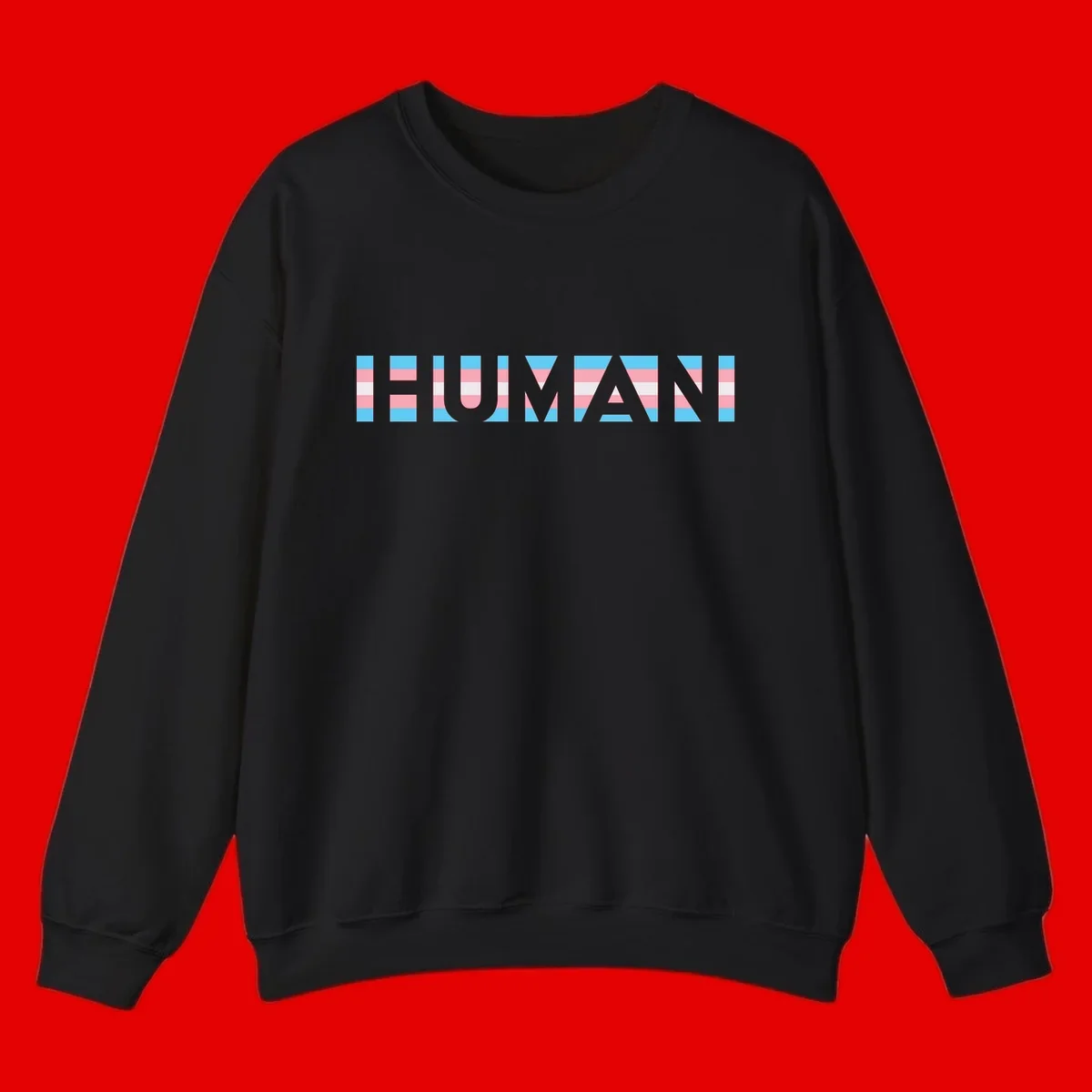 Large white letters spelling 'HUMAN' filled with horizontal blue, pink, and white stripes on gray background