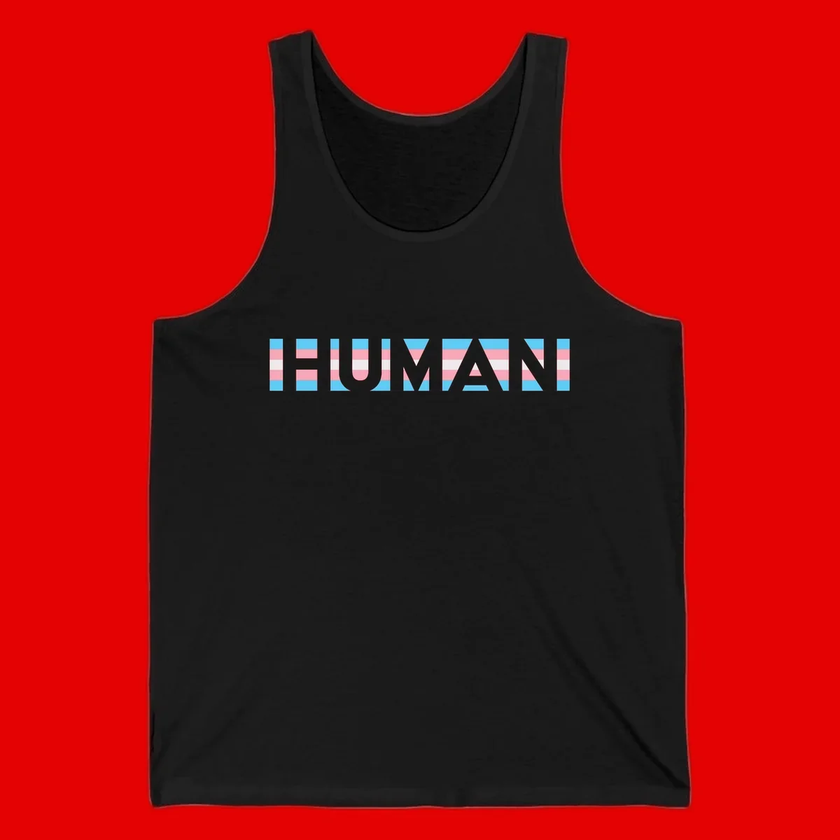 Large white letters spelling 'HUMAN' filled with horizontal blue, pink, and white stripes on gray background