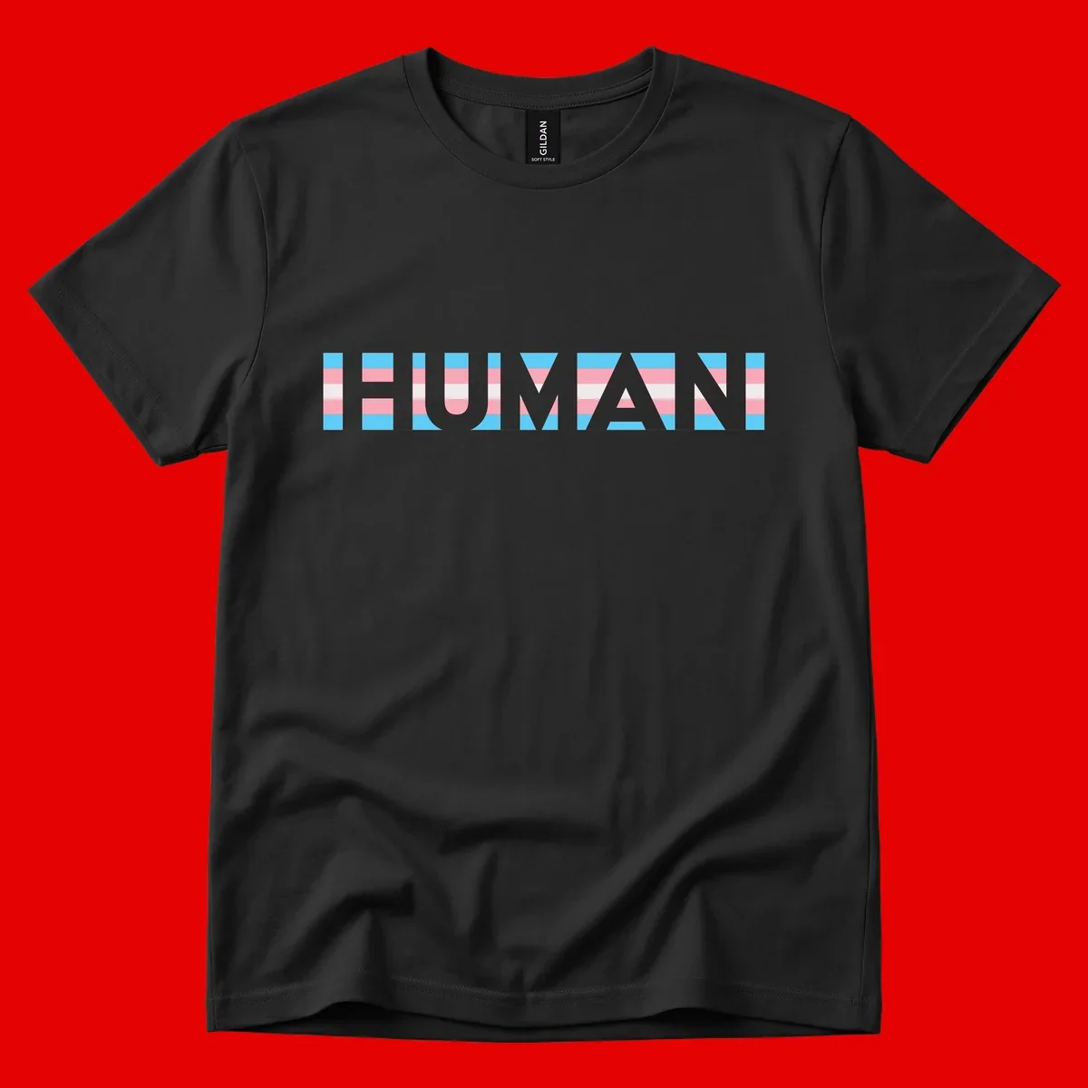 Large white letters spelling 'HUMAN' filled with horizontal blue, pink, and white stripes on gray background