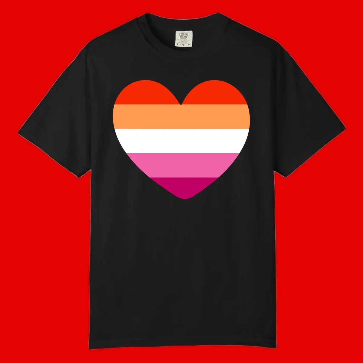 Heart shape filled with horizontal stripes in lesbian pride flag colors: red, orange, white, pink, and magenta
