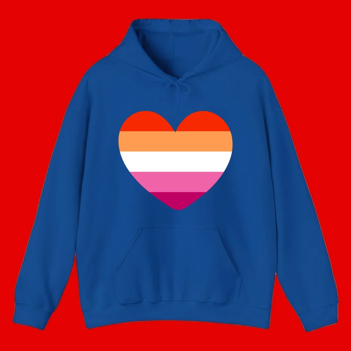 Heart shape filled with horizontal stripes in lesbian pride flag colors: red, orange, white, pink, and magenta