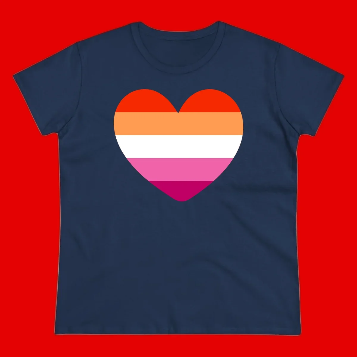 Heart shape filled with horizontal stripes in lesbian pride flag colors: red, orange, white, pink, and magenta