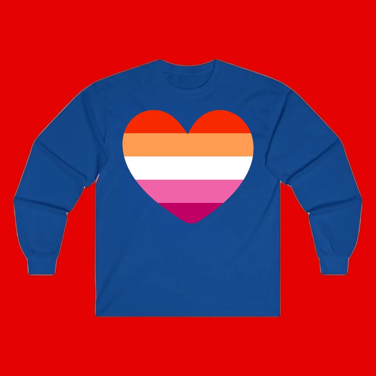 Heart shape filled with horizontal stripes in lesbian pride flag colors: red, orange, white, pink, and magenta