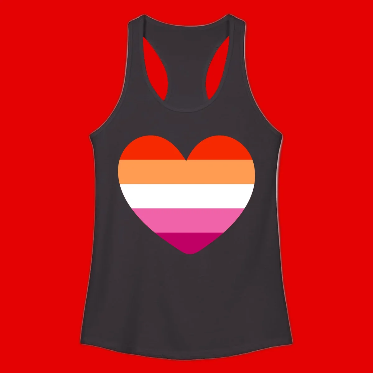Heart shape filled with horizontal stripes in lesbian pride flag colors: red, orange, white, pink, and magenta