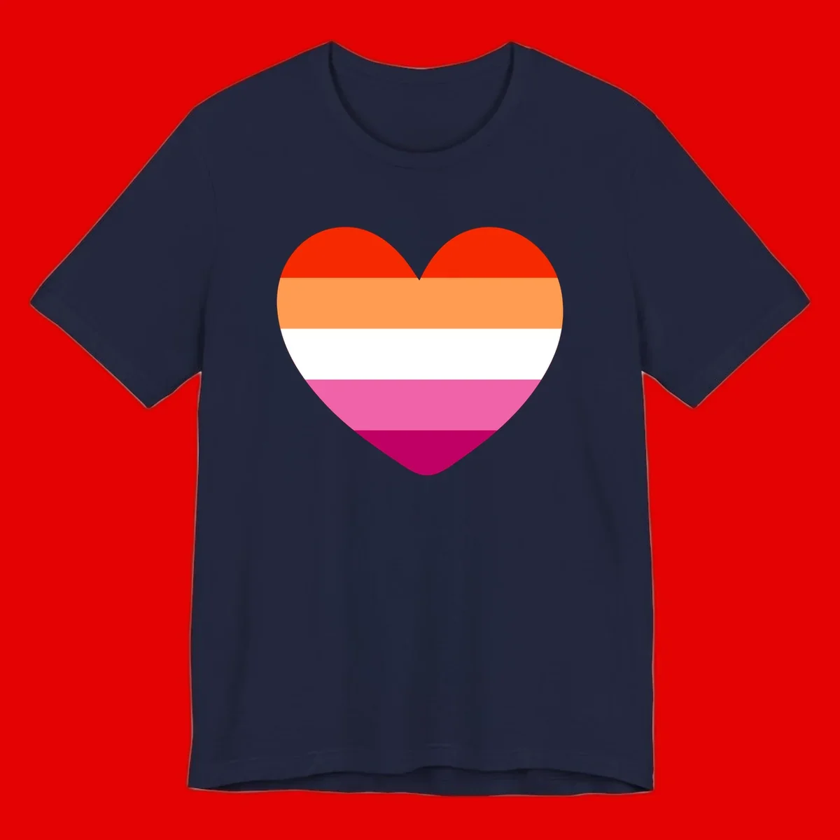 Heart shape filled with horizontal stripes in lesbian pride flag colors: red, orange, white, pink, and magenta