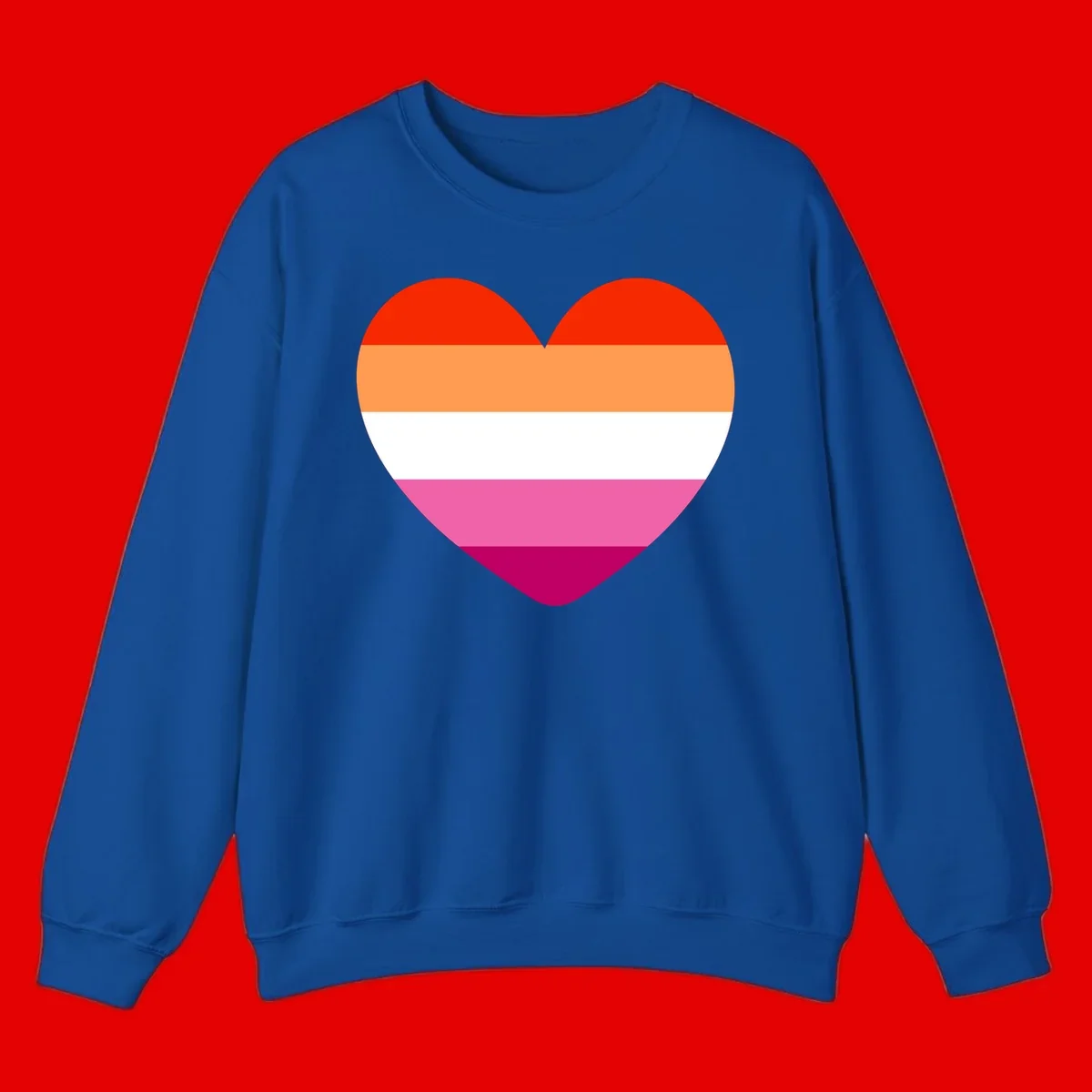 Heart shape filled with horizontal stripes in lesbian pride flag colors: red, orange, white, pink, and magenta