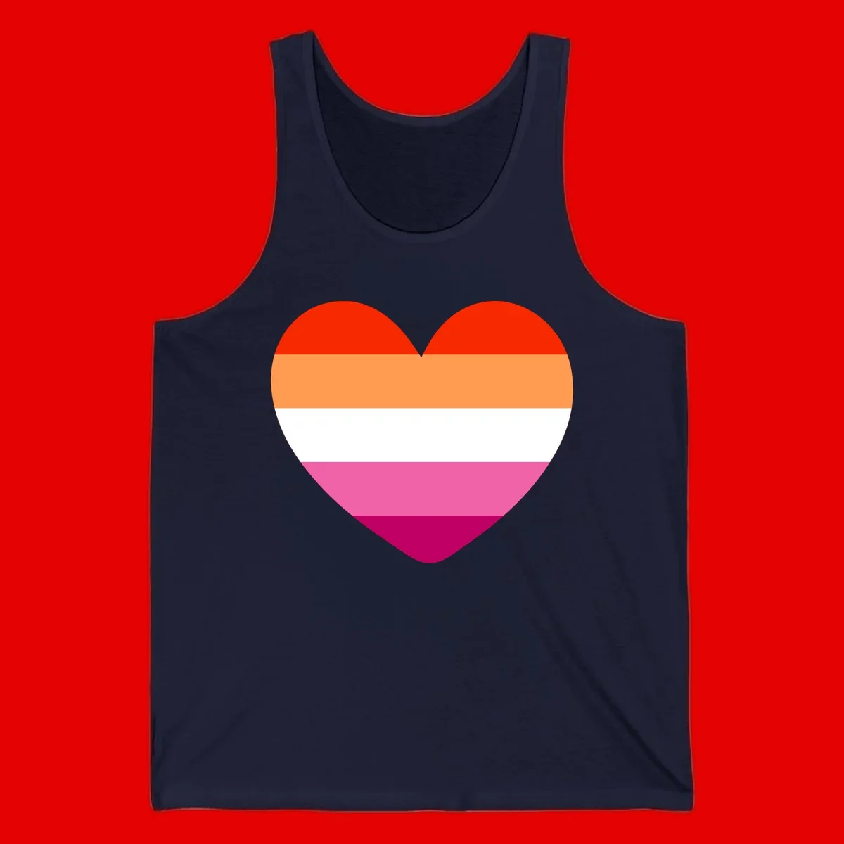 Heart shape filled with horizontal stripes in lesbian pride flag colors: red, orange, white, pink, and magenta