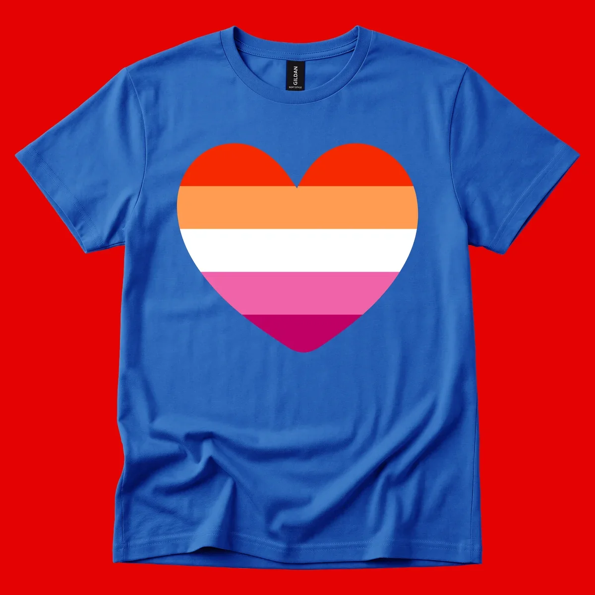 Heart shape filled with horizontal stripes in lesbian pride flag colors: red, orange, white, pink, and magenta