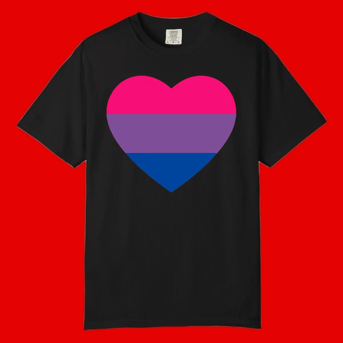 Heart shape filled with bisexual pride flag stripes in magenta, purple, and dark blue on gray background