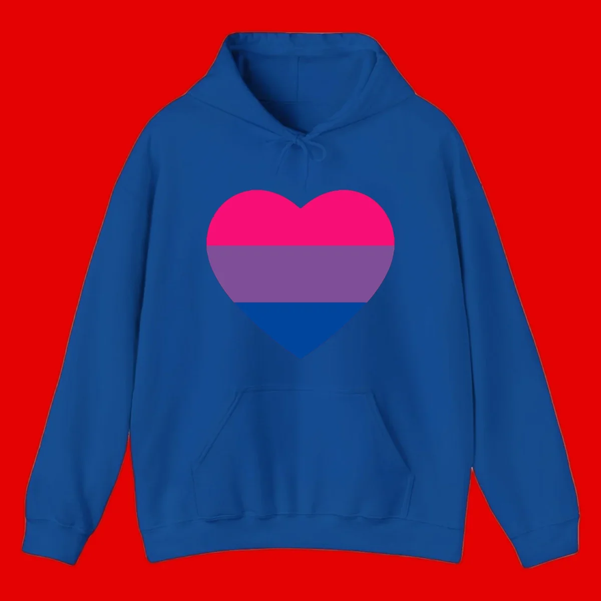 Heart shape filled with bisexual pride flag stripes in magenta, purple, and dark blue on gray background