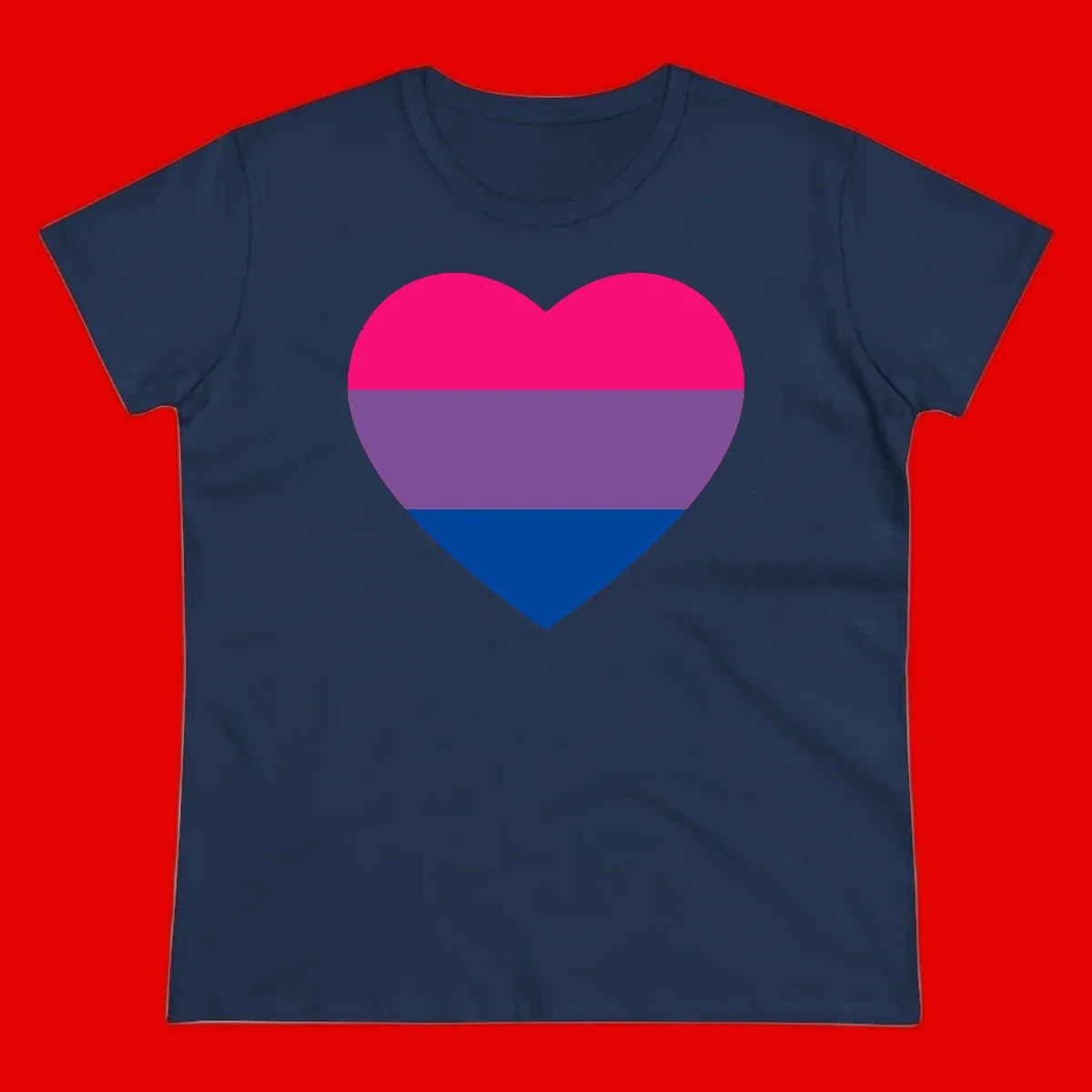 Heart shape filled with bisexual pride flag stripes in magenta, purple, and dark blue on gray background