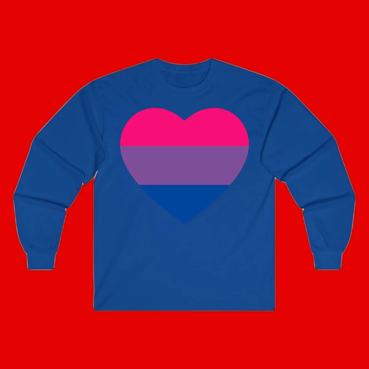 Heart shape filled with bisexual pride flag stripes in magenta, purple, and dark blue on gray background