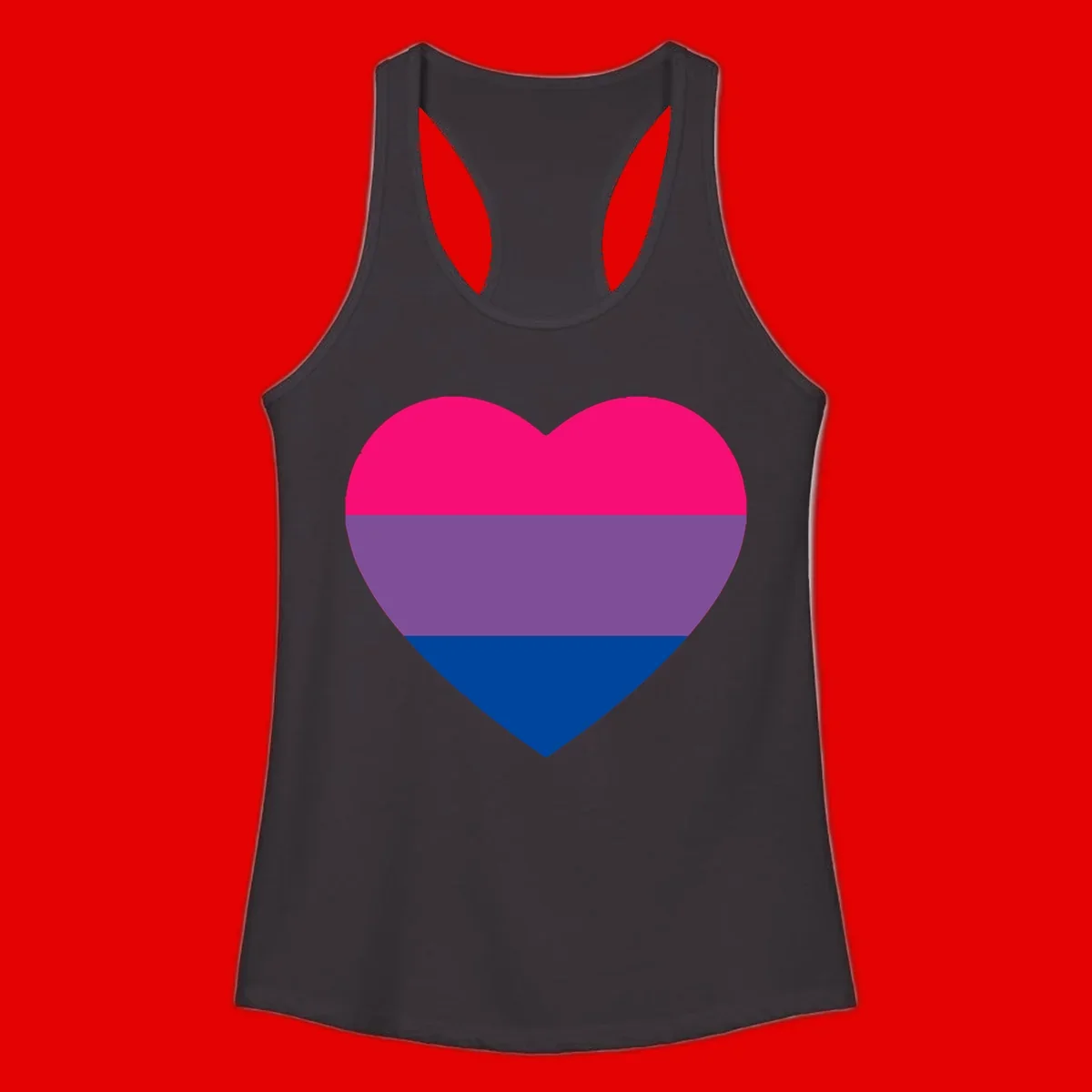 Heart shape filled with bisexual pride flag stripes in magenta, purple, and dark blue on gray background
