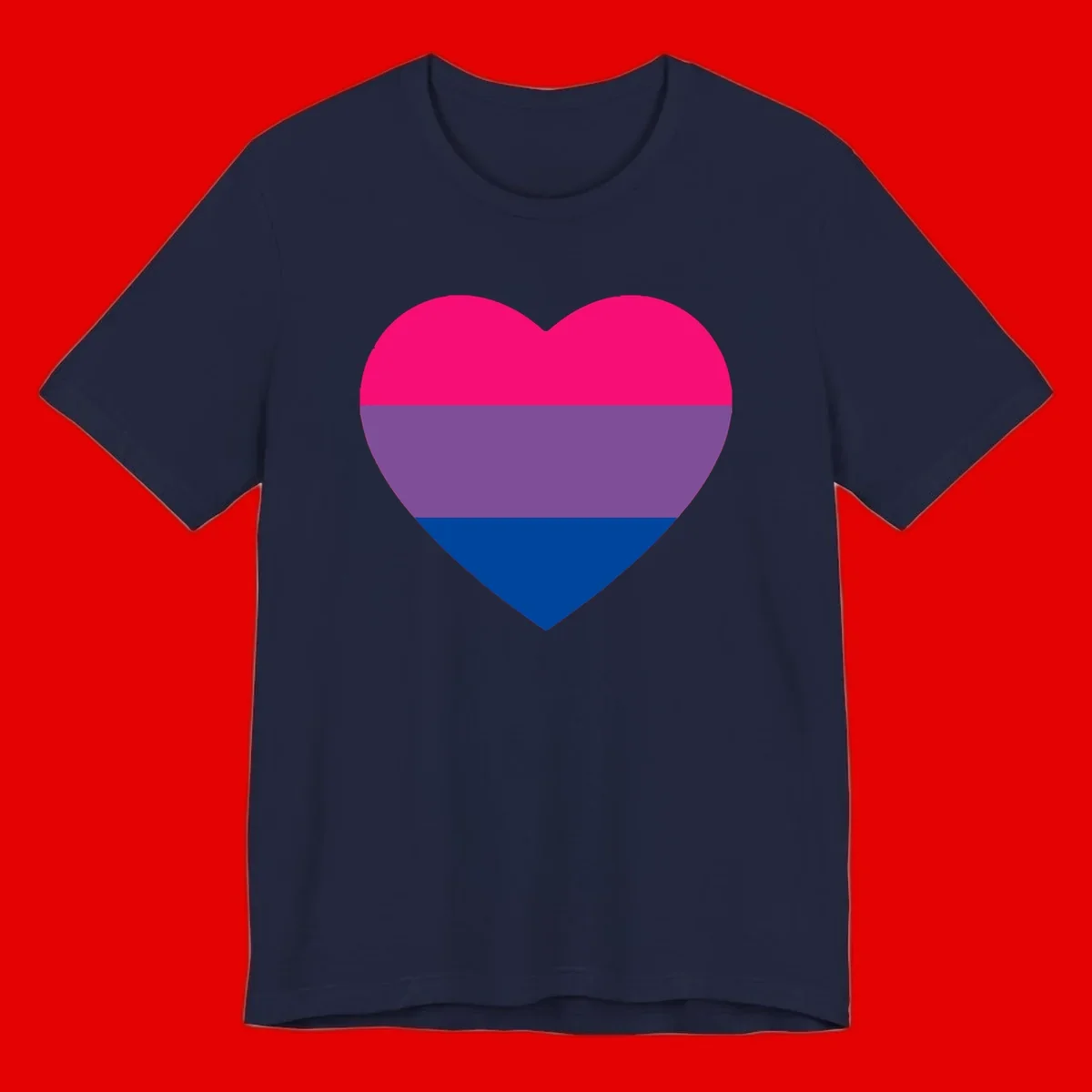 Heart shape filled with bisexual pride flag stripes in magenta, purple, and dark blue on gray background