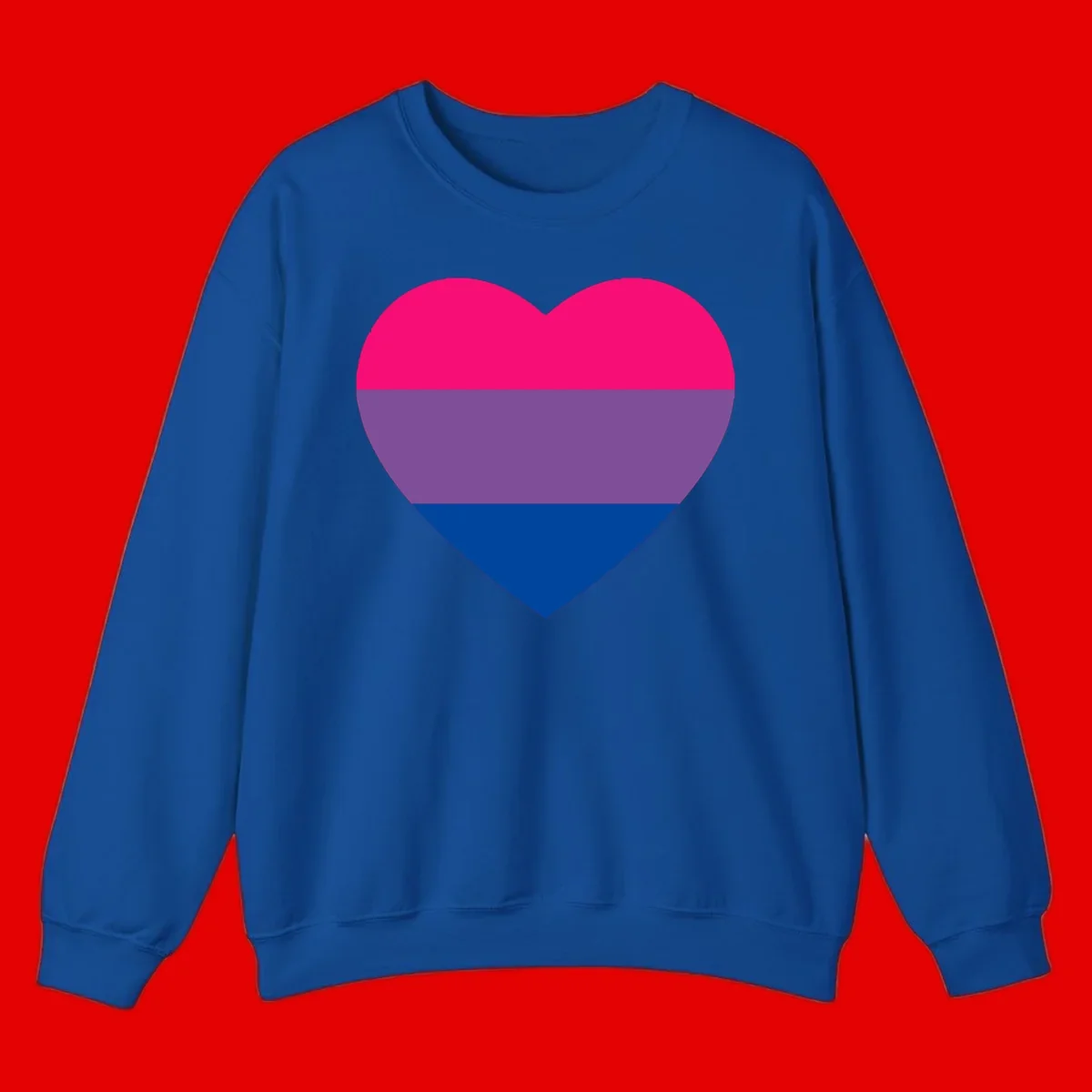Heart shape filled with bisexual pride flag stripes in magenta, purple, and dark blue on gray background