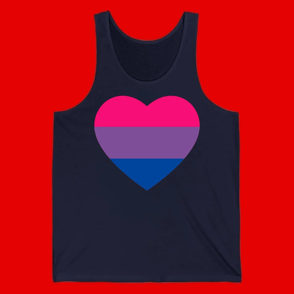 Heart shape filled with bisexual pride flag stripes in magenta, purple, and dark blue on gray background