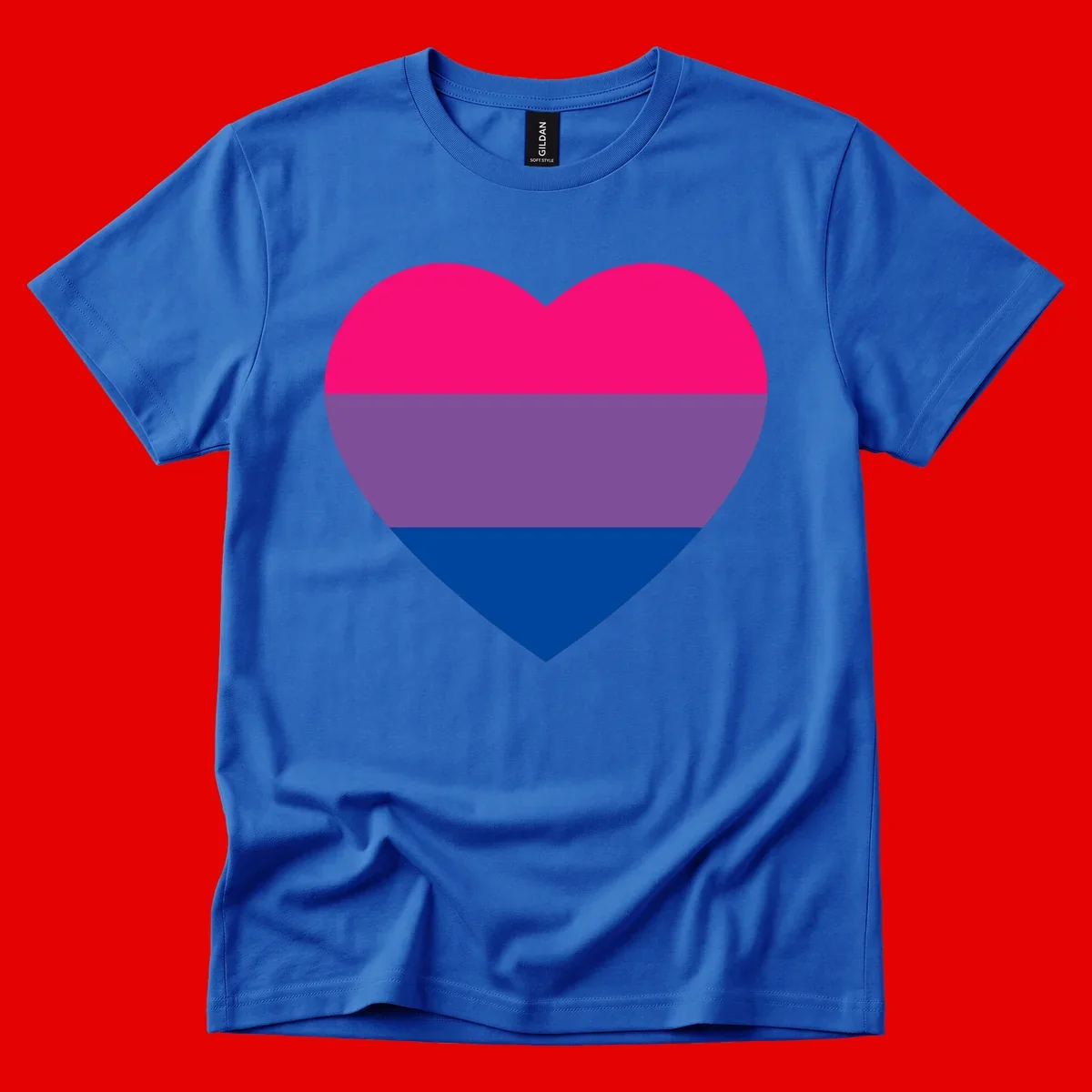 Heart shape filled with bisexual pride flag stripes in magenta, purple, and dark blue on gray background