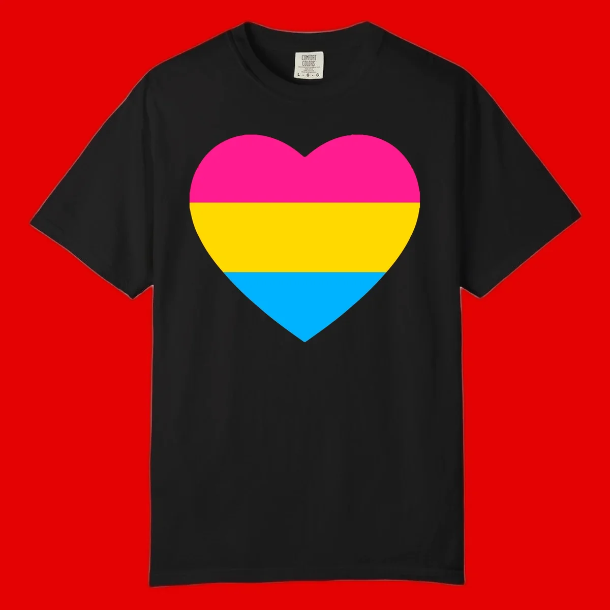 Pansexual pride heart with magenta, yellow, and cyan horizontal stripes on gray background