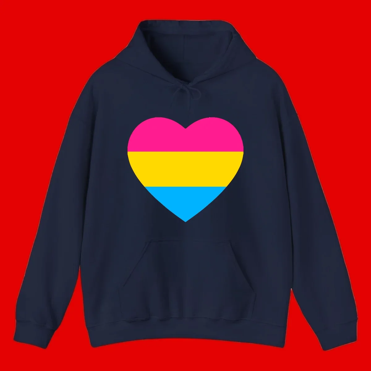 Pansexual pride heart with magenta, yellow, and cyan horizontal stripes on gray background