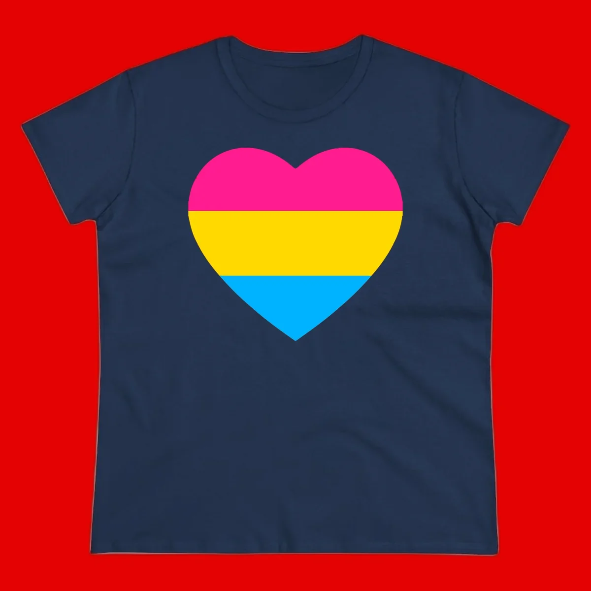 Pansexual pride heart with magenta, yellow, and cyan horizontal stripes on gray background