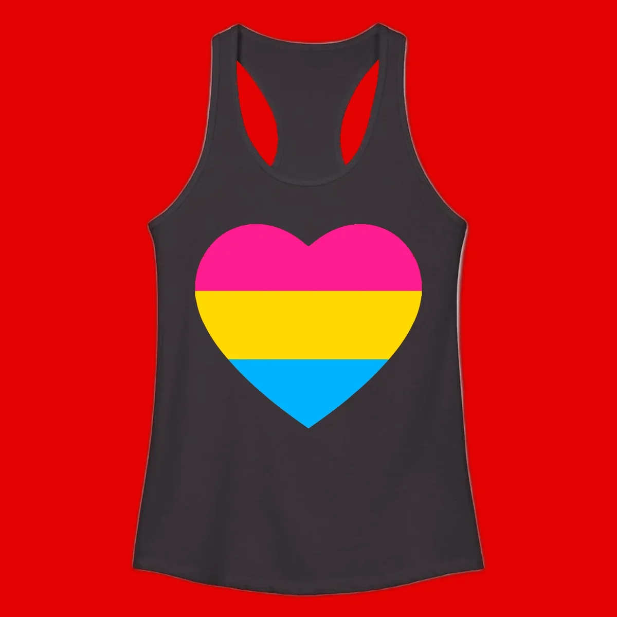 Pansexual pride heart with magenta, yellow, and cyan horizontal stripes on gray background