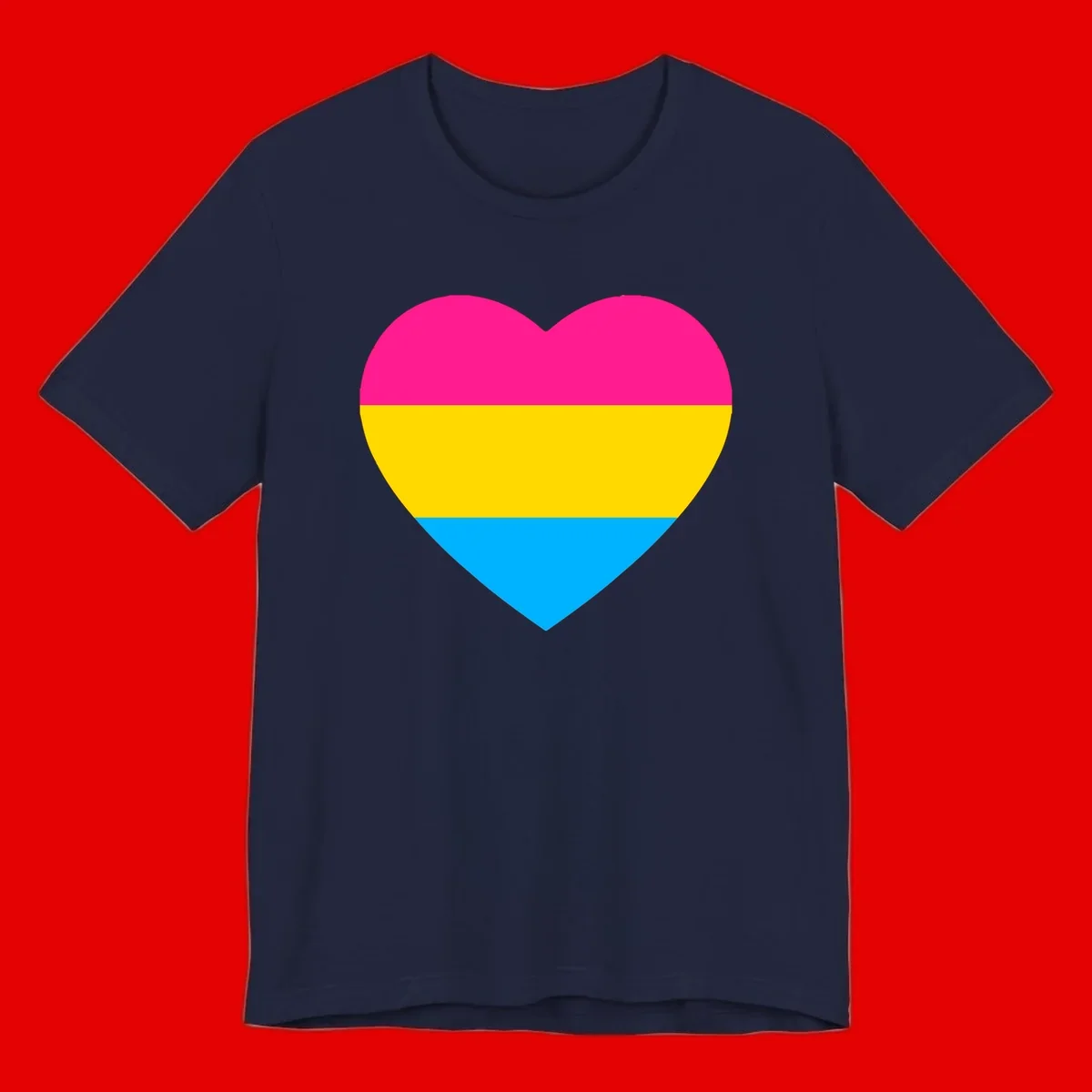 Pansexual pride heart with magenta, yellow, and cyan horizontal stripes on gray background