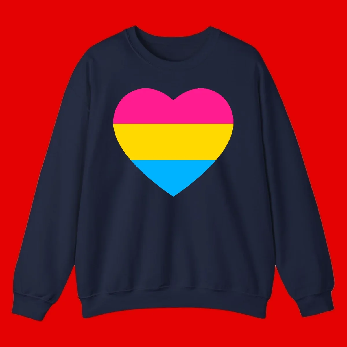Pansexual pride heart with magenta, yellow, and cyan horizontal stripes on gray background