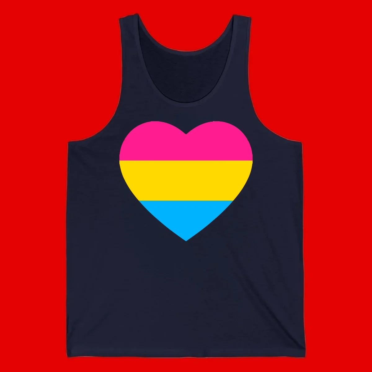 Pansexual pride heart with magenta, yellow, and cyan horizontal stripes on gray background
