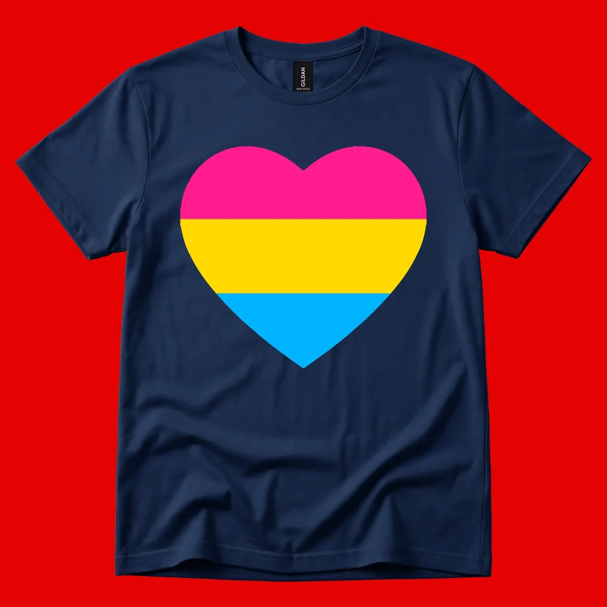 Pansexual pride heart with magenta, yellow, and cyan horizontal stripes on gray background