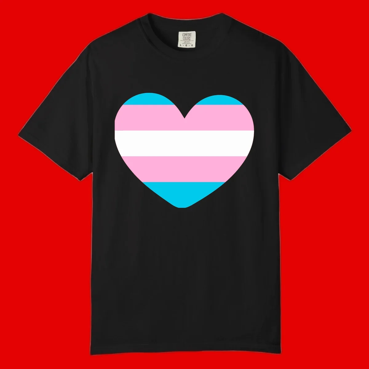 Large heart shape with horizontal stripes in cyan, pink, and white representing the transgender pride flag