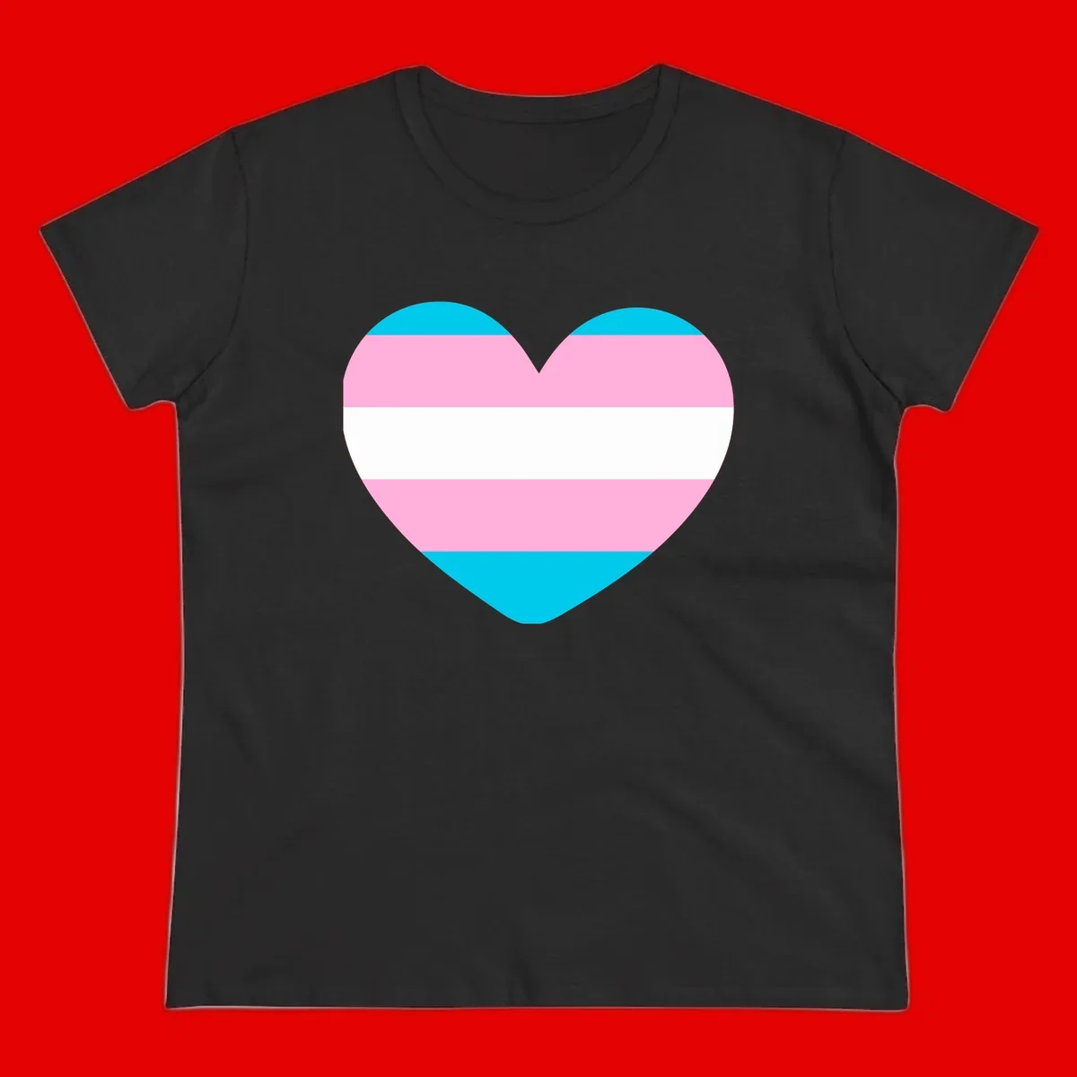 Large heart shape with horizontal stripes in cyan, pink, and white representing the transgender pride flag