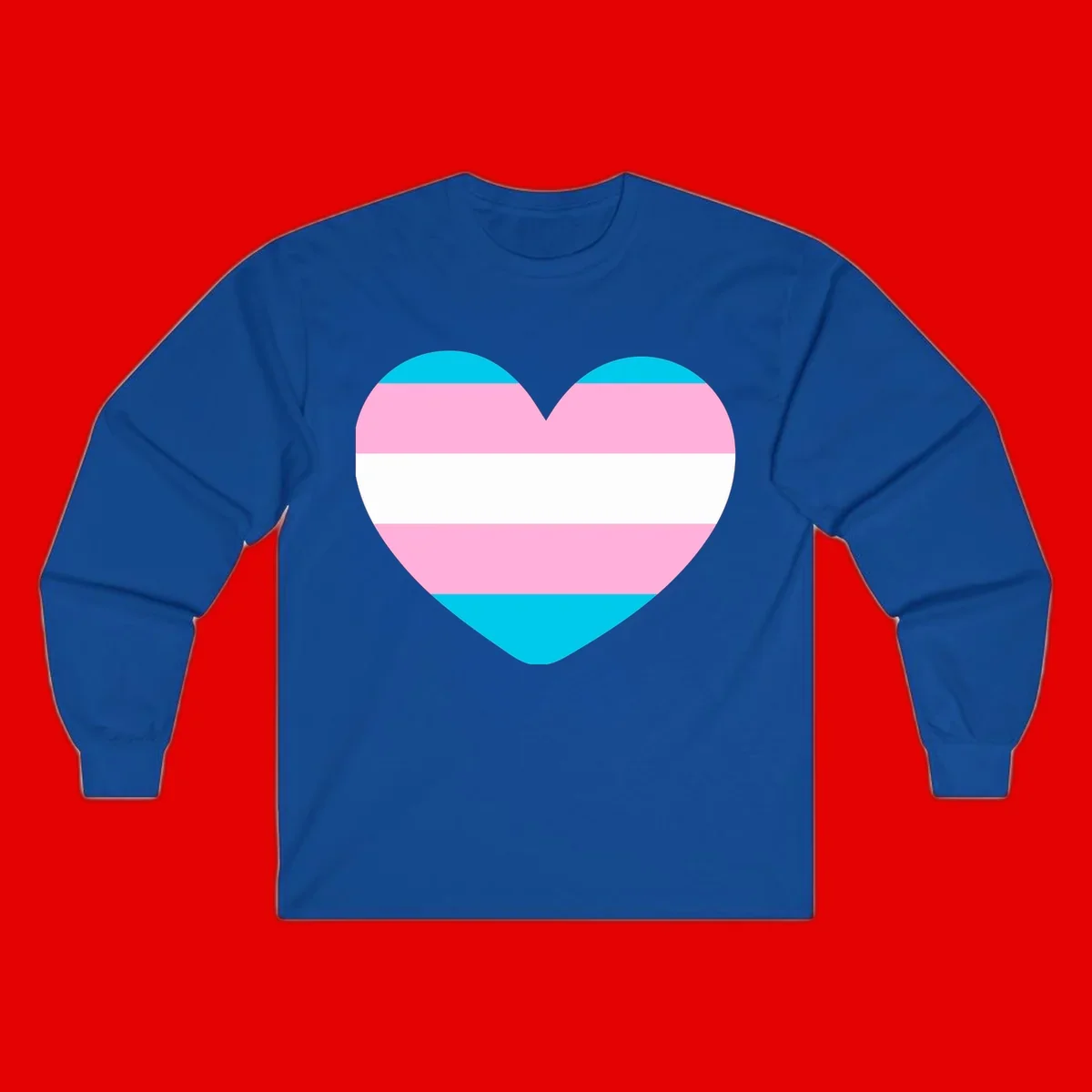 Large heart shape with horizontal stripes in cyan, pink, and white representing the transgender pride flag