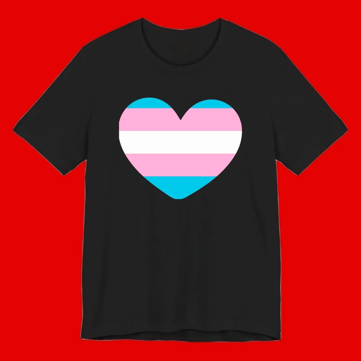 Large heart shape with horizontal stripes in cyan, pink, and white representing the transgender pride flag