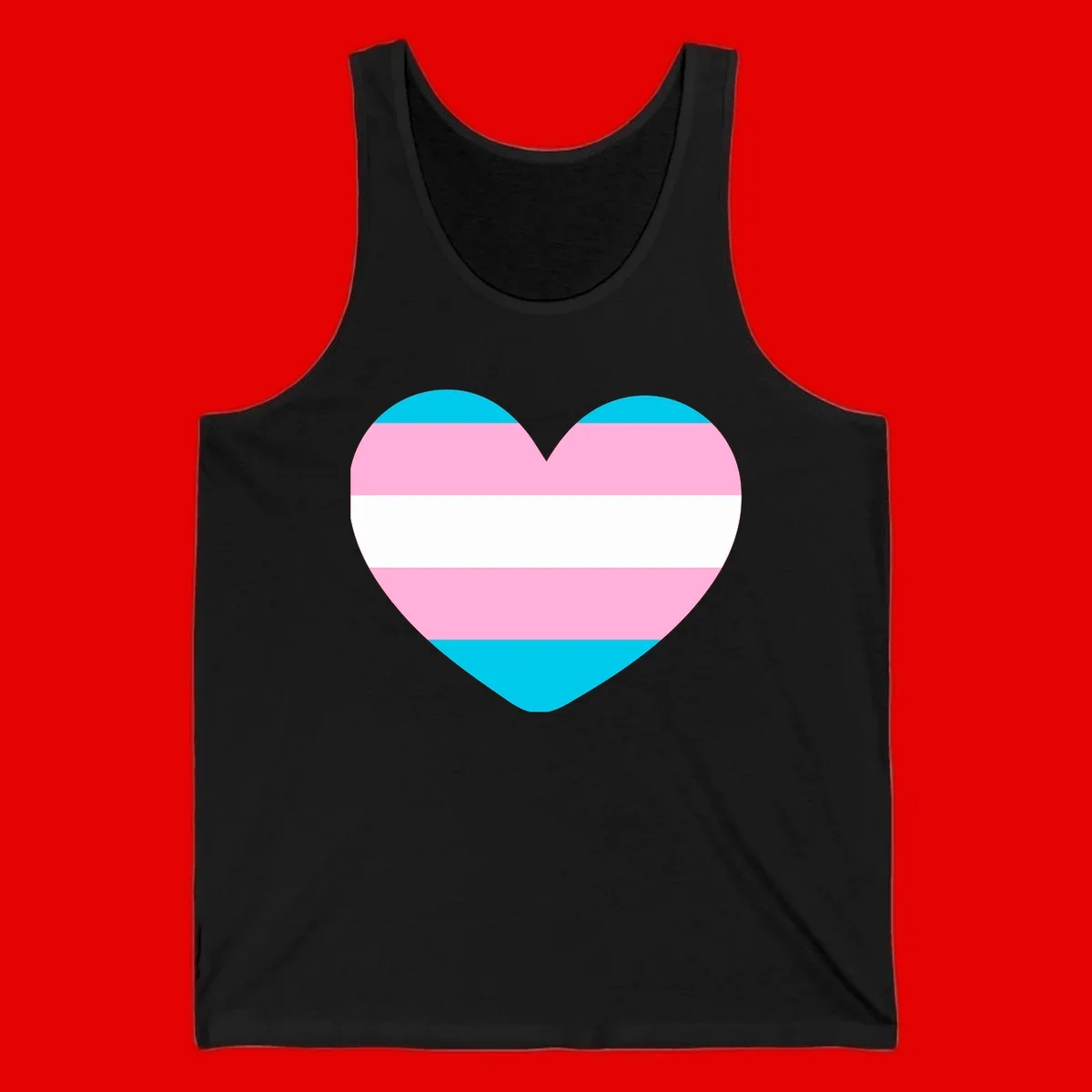 Large heart shape with horizontal stripes in cyan, pink, and white representing the transgender pride flag
