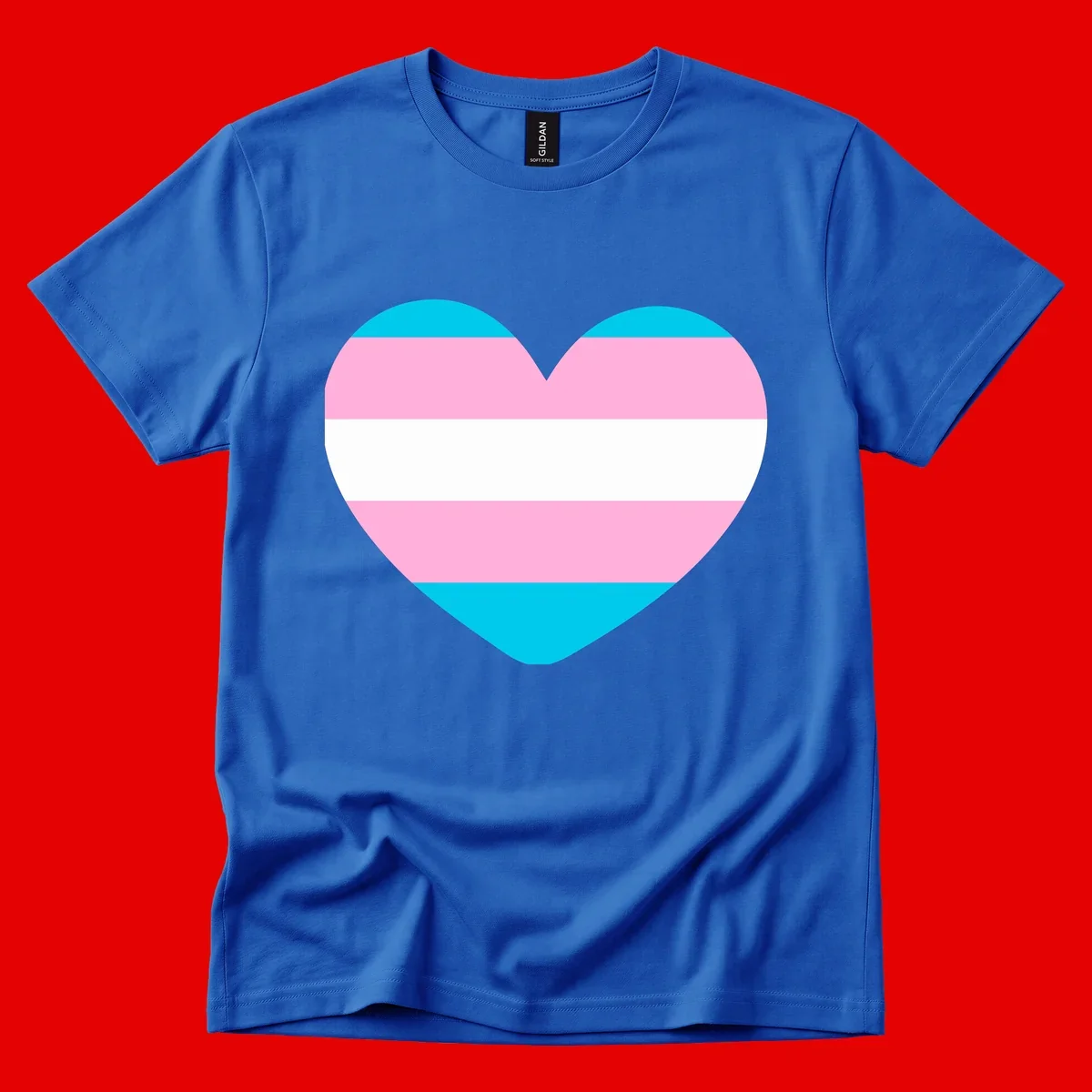 Large heart shape with horizontal stripes in cyan, pink, and white representing the transgender pride flag