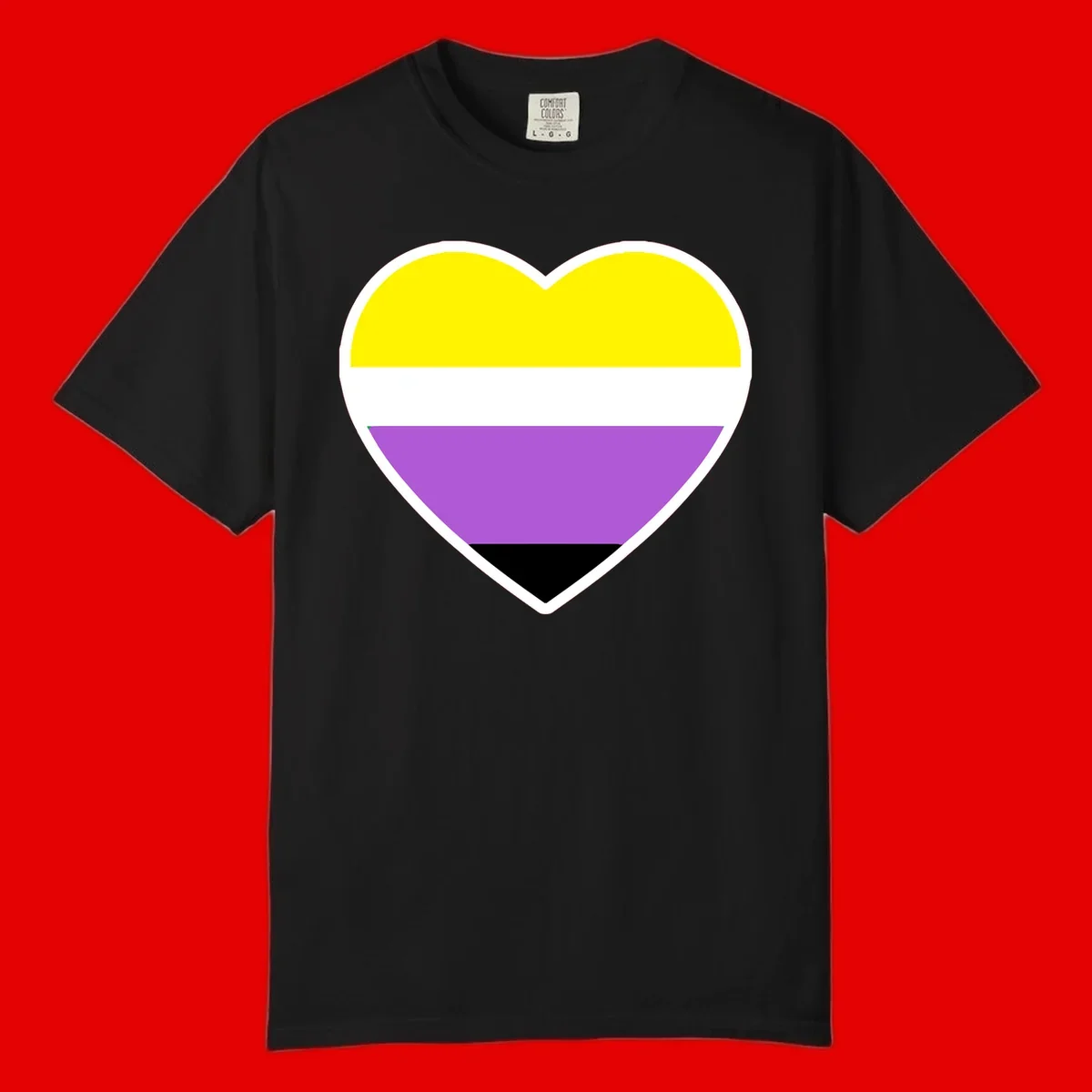 Nonbinary pride heart with yellow, white, purple, and black horizontal stripes representing nonbinary identity and LGBTQ pride.