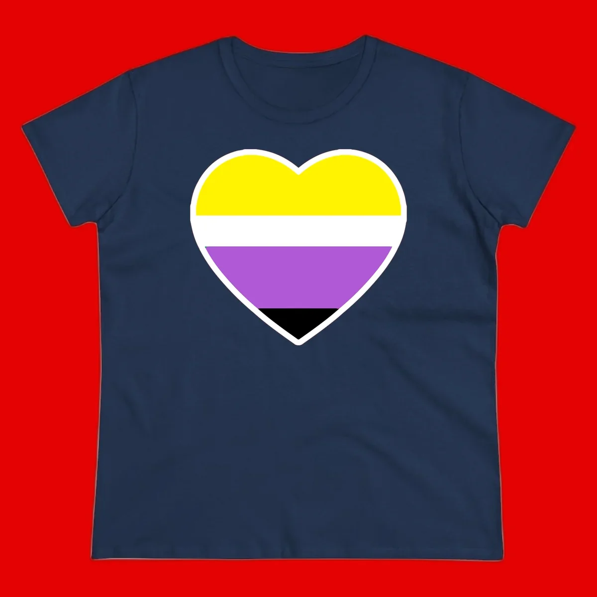 Nonbinary pride heart with yellow, white, purple, and black horizontal stripes representing nonbinary identity and LGBTQ pride.