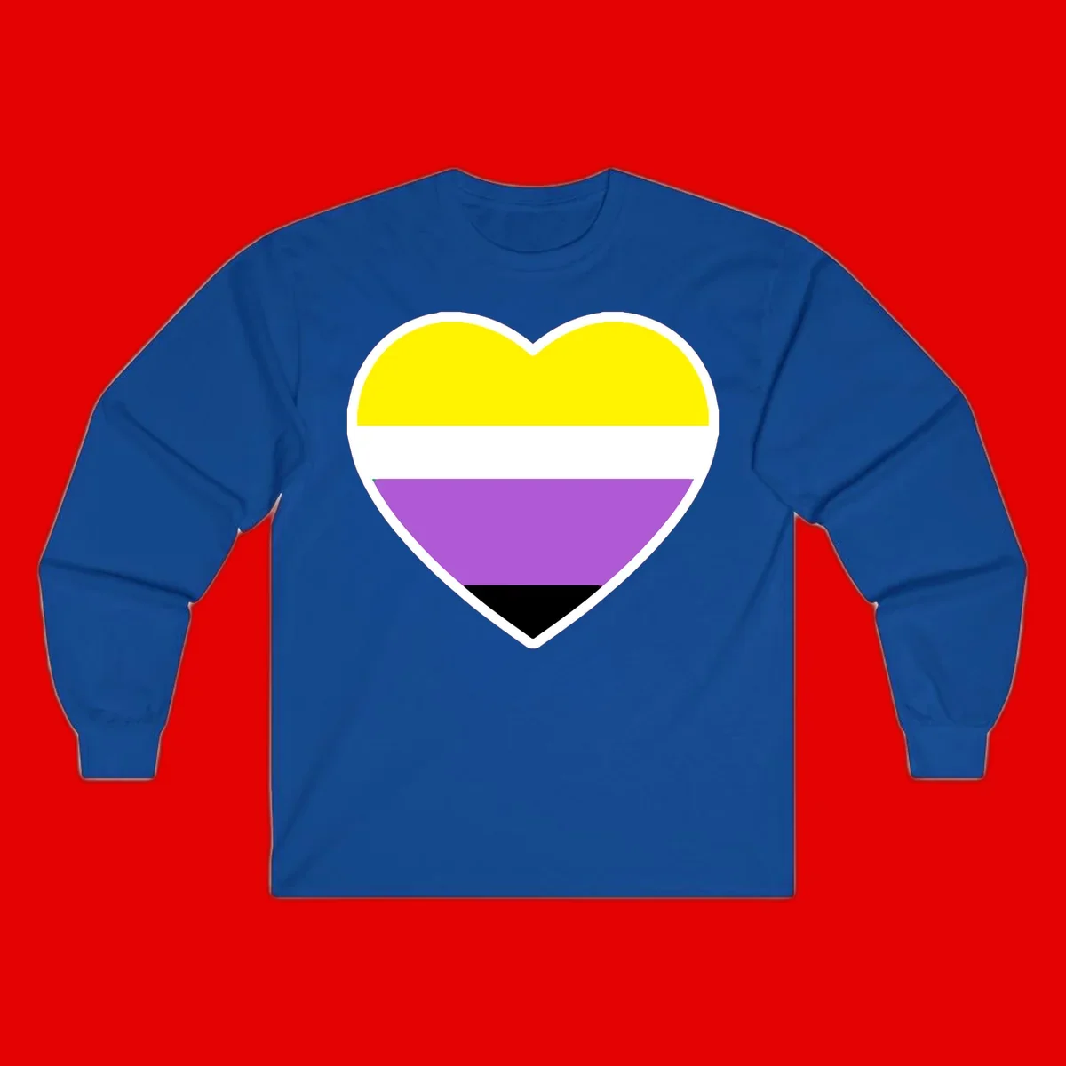 Nonbinary pride heart with yellow, white, purple, and black horizontal stripes representing nonbinary identity and LGBTQ pride.