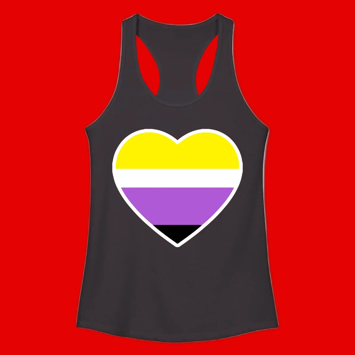 Nonbinary pride heart with yellow, white, purple, and black horizontal stripes representing nonbinary identity and LGBTQ pride.