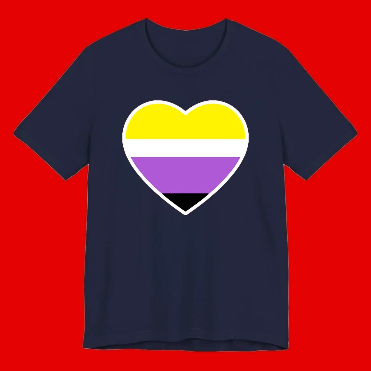 Nonbinary pride heart with yellow, white, purple, and black horizontal stripes representing nonbinary identity and LGBTQ pride.