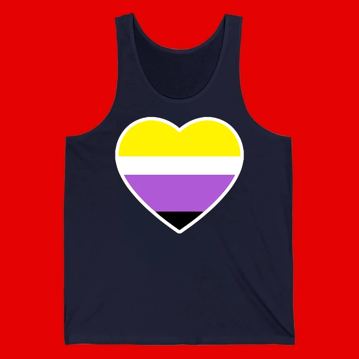 Nonbinary pride heart with yellow, white, purple, and black horizontal stripes representing nonbinary identity and LGBTQ pride.