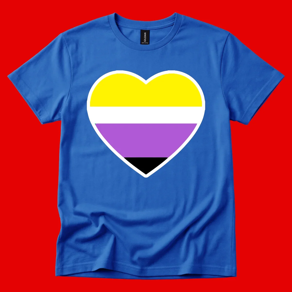 Nonbinary pride heart with yellow, white, purple, and black horizontal stripes representing nonbinary identity and LGBTQ pride.