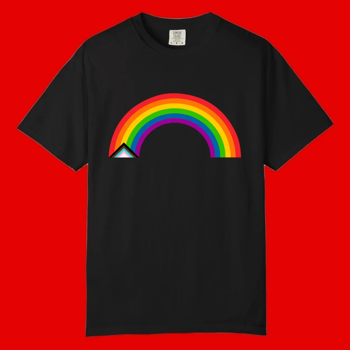 Vibrant rainbow pride arc with concentric color bands and geometric base shapes on gray background