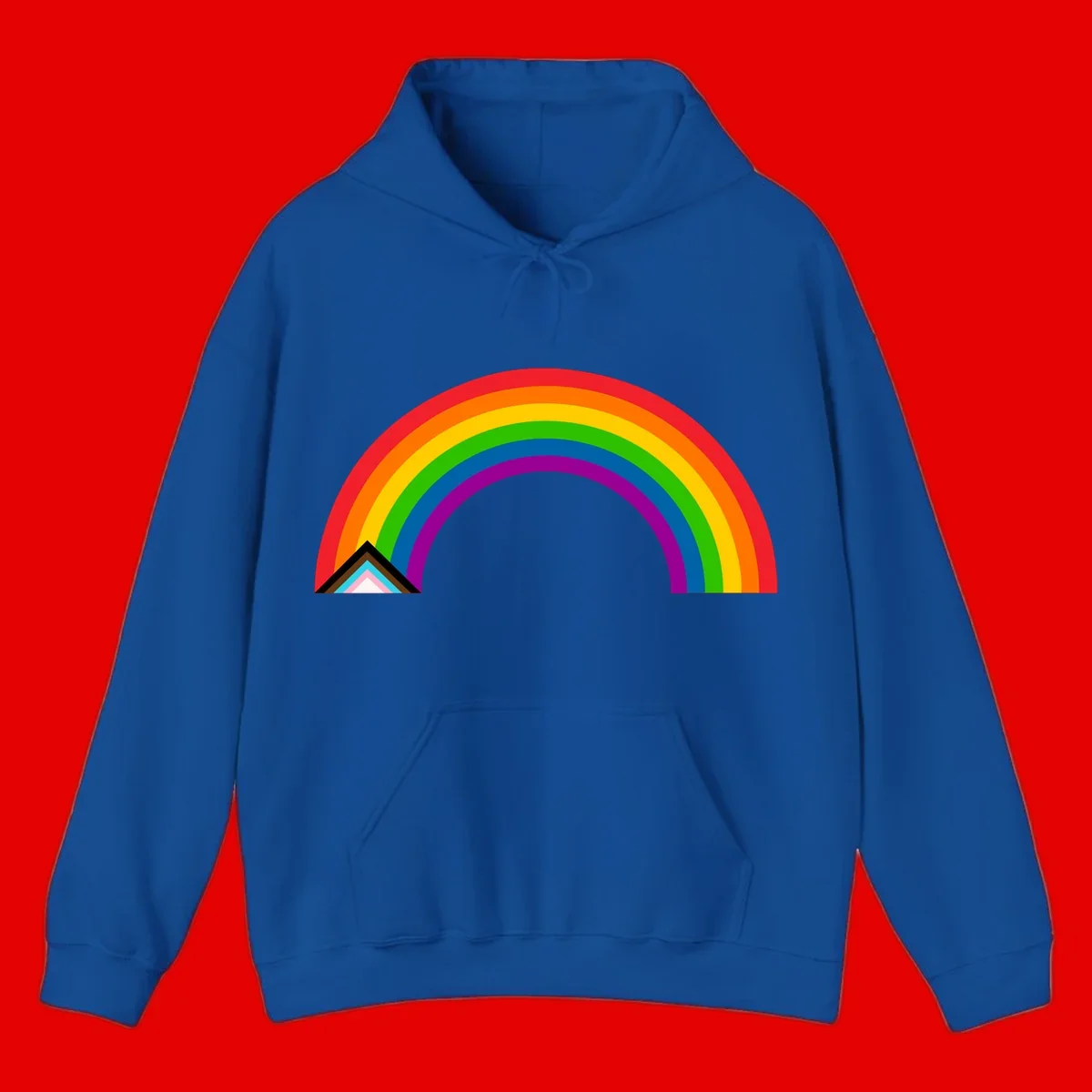 Vibrant rainbow pride arc with concentric color bands and geometric base shapes on gray background