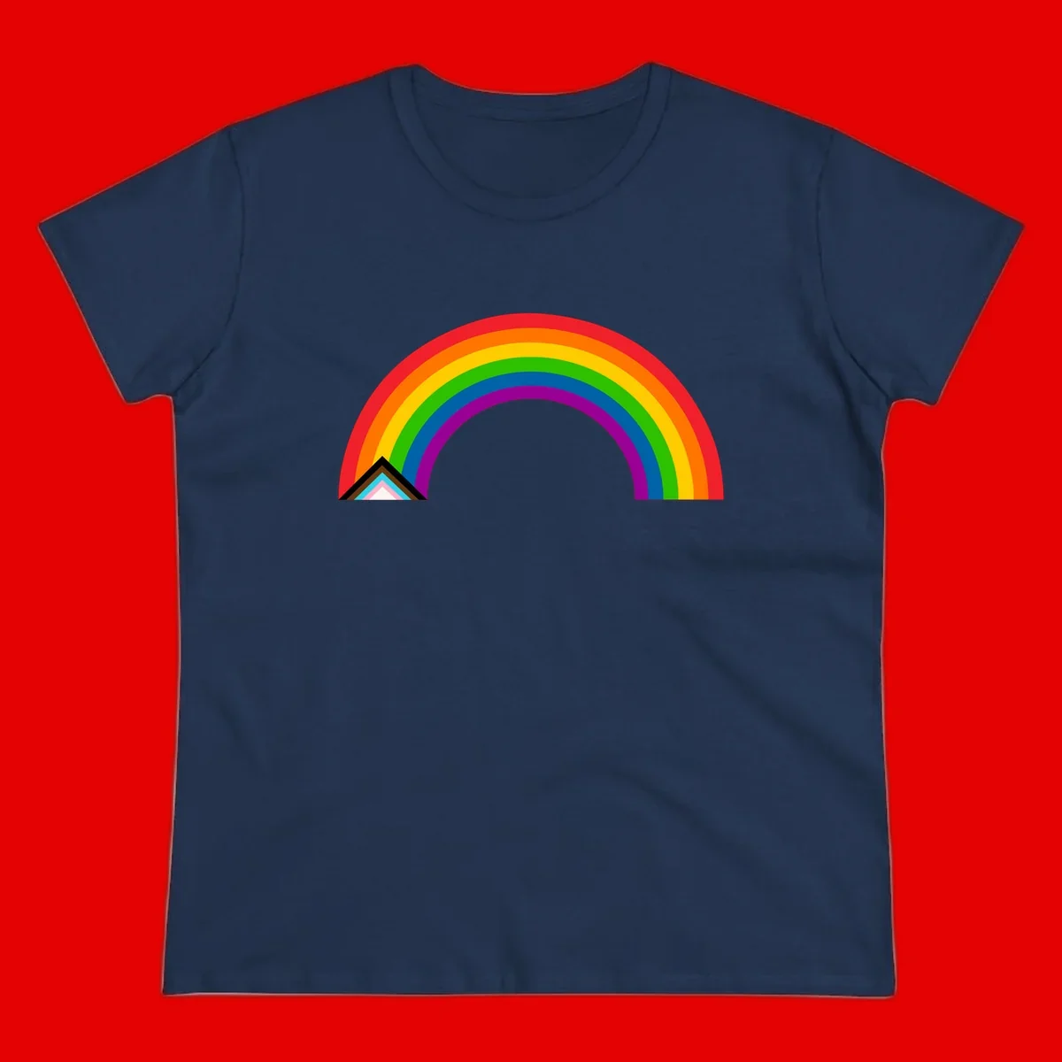 Vibrant rainbow pride arc with concentric color bands and geometric base shapes on gray background