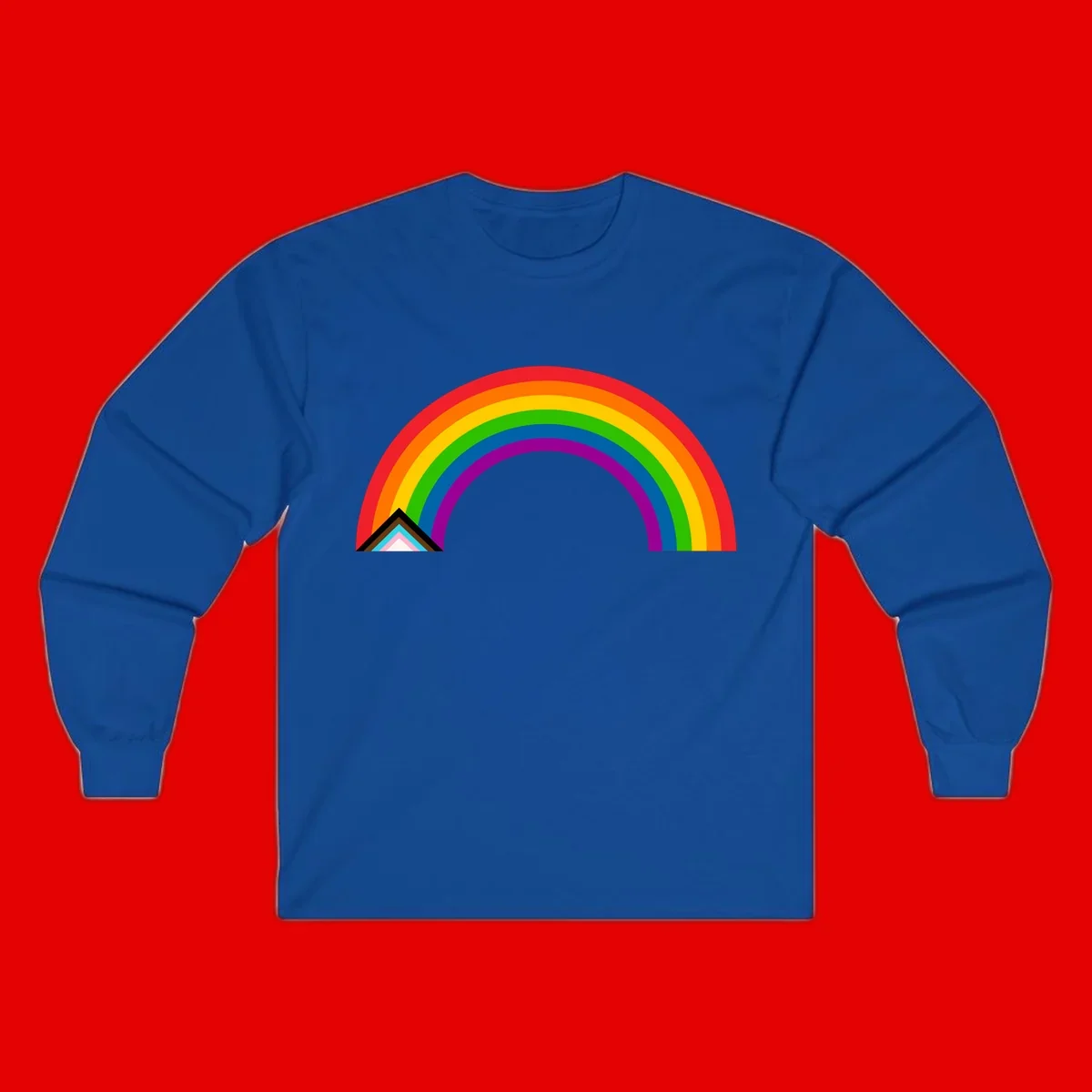 Vibrant rainbow pride arc with concentric color bands and geometric base shapes on gray background
