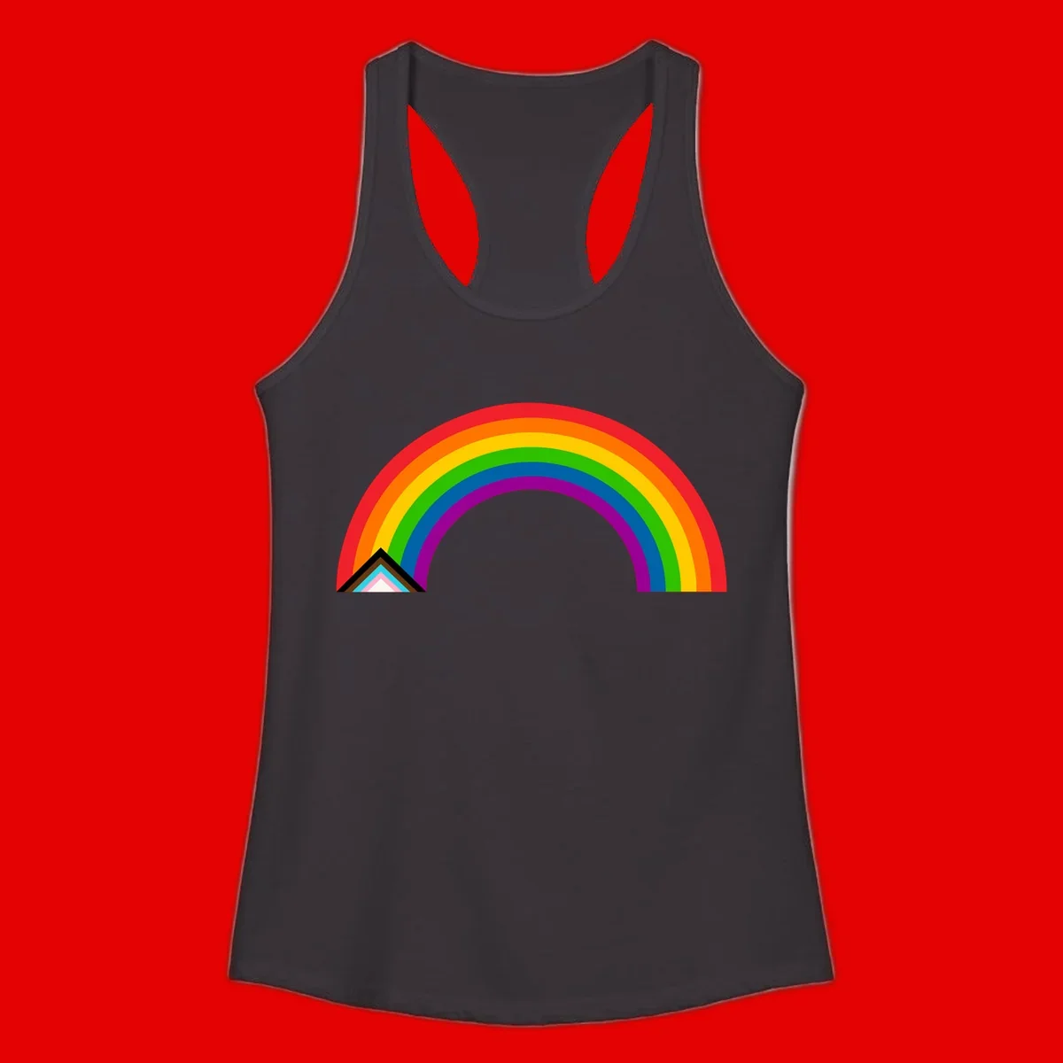 Vibrant rainbow pride arc with concentric color bands and geometric base shapes on gray background