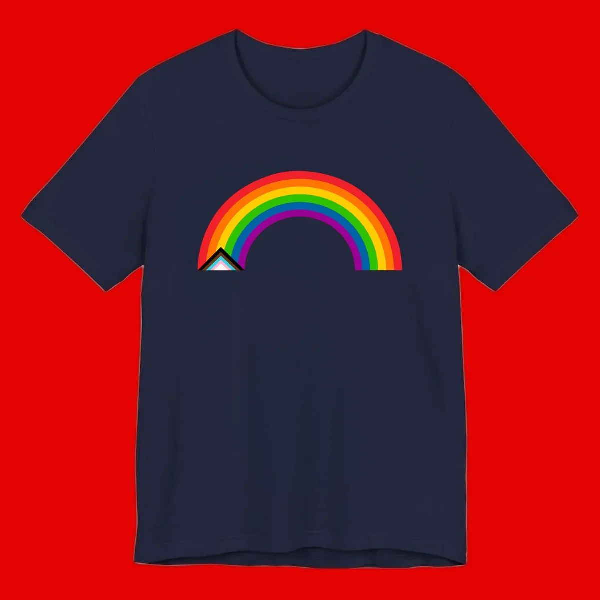 Vibrant rainbow pride arc with concentric color bands and geometric base shapes on gray background