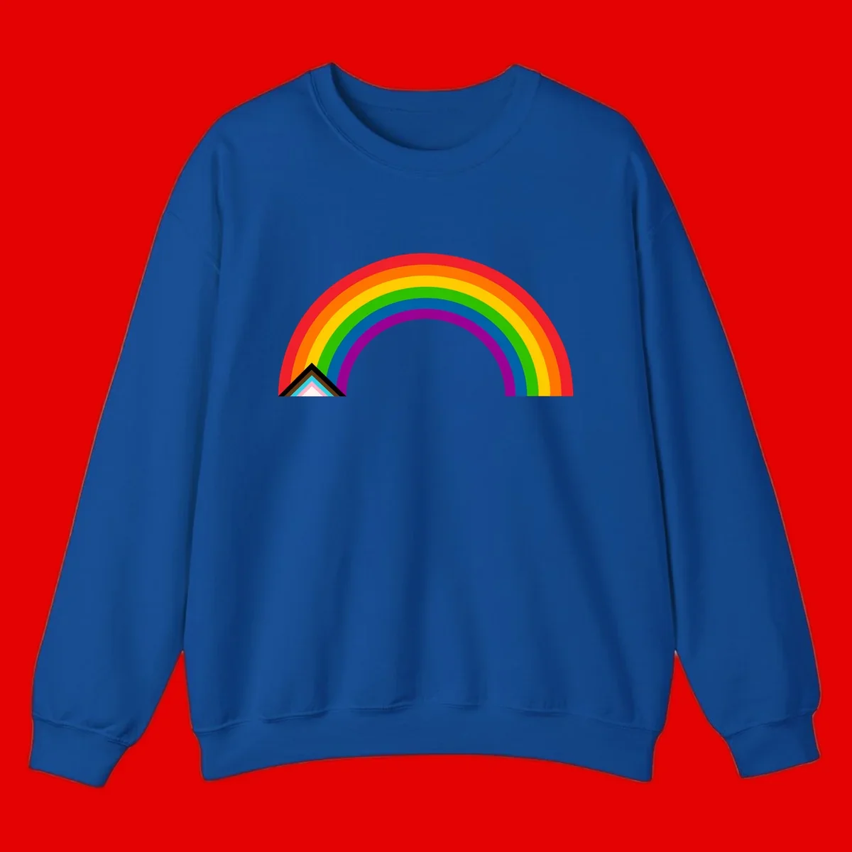 Vibrant rainbow pride arc with concentric color bands and geometric base shapes on gray background