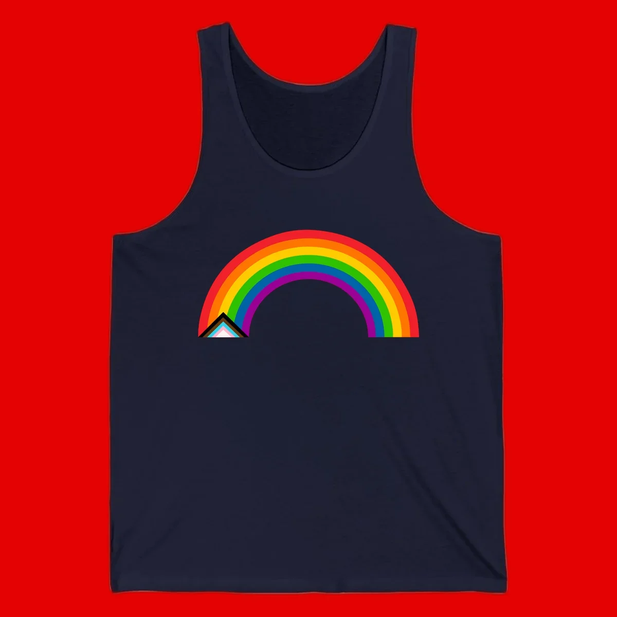 Vibrant rainbow pride arc with concentric color bands and geometric base shapes on gray background